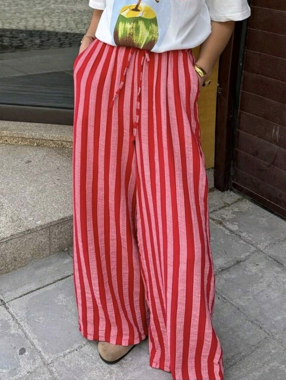 Elegant Tie-Up Striped Loose Casual Pants, Suitable For Holidays, Daily Wear